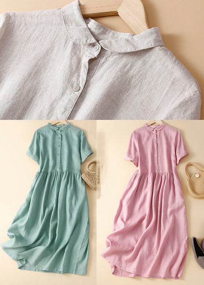Boutique Green Turn-down Collar Button Linen Vacation Dresses Short Sleeve