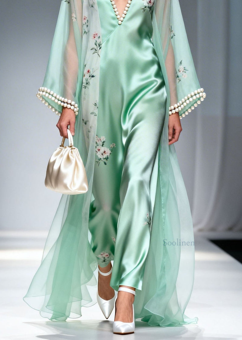 Boutique Green V Neck Nail Bead Silk Long Dress Summer