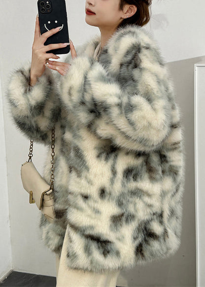 Boutique Green V Neck Print Leather and Fur Coats Spring