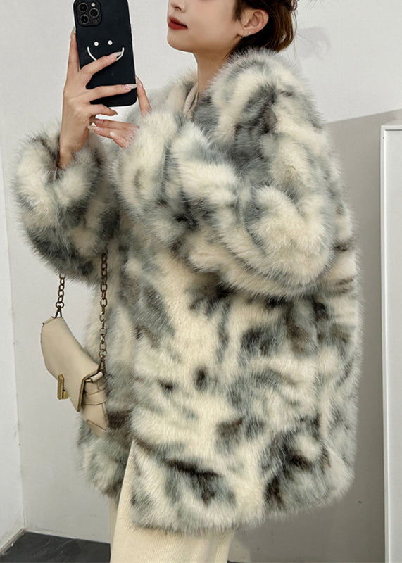Boutique Green V Neck Print Leather and Fur Coats Spring