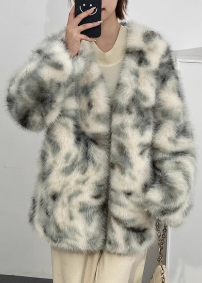 Boutique Green V Neck Print Leather and Fur Coats Spring