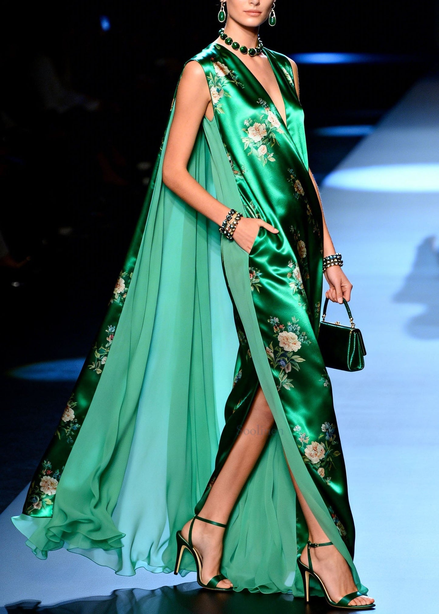 Boutique Green V Neck Print Patchwork Chiffon Dresses Summer