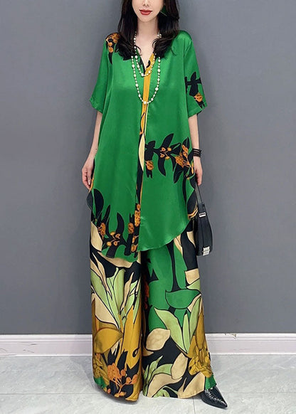 Boutique Green V Neck Print Patchwork Tops and Pants Silk Two Pieces Set Summer