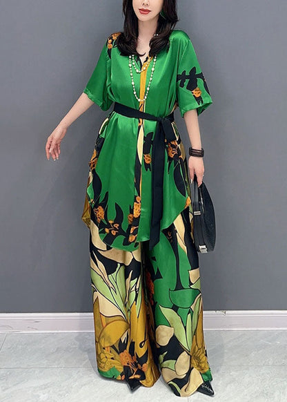 Boutique Green V Neck Print Patchwork Tops and Pants Silk Two Pieces Set Summer