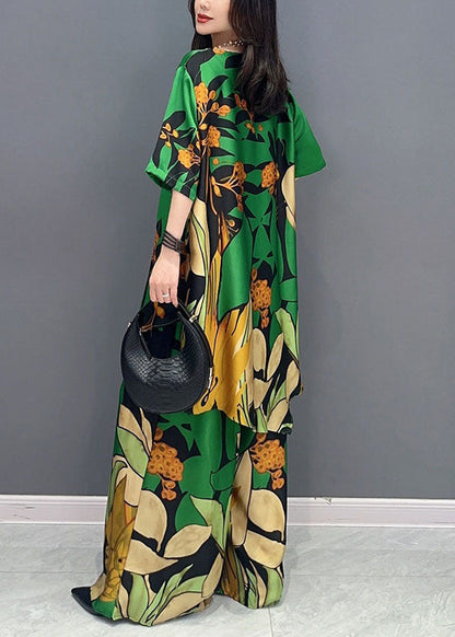 Boutique Green V Neck Print Patchwork Tops and Pants Silk Two Pieces Set Summer