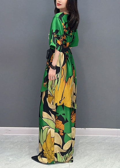 Boutique Green V Neck Print Patchwork Tops and Pants Silk Two Pieces Set Summer