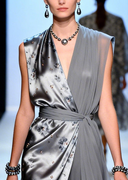 Boutique Grey Asymmetrical Print Chiffon Tunic Dress Summer