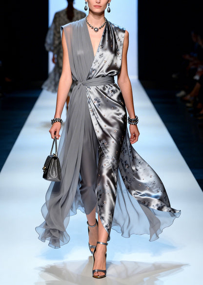 Boutique Grey Asymmetrical Print Chiffon Tunic Dress Summer