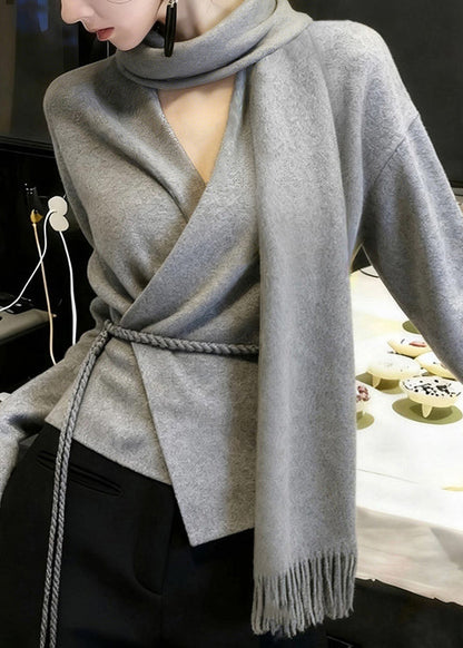 Boutique Grey Bow Tie Waist Knit Sweaters Winter