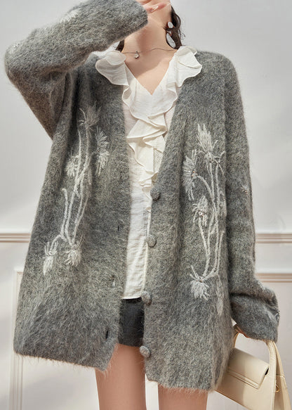 Boutique Grey Embroidered Sequins Cotton Knit Cardigan Spring