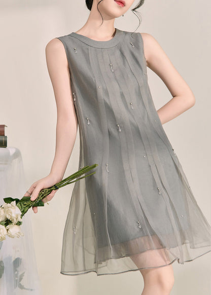 Boutique Grey O-neck Patchwork Tulle Mid Dress Summer