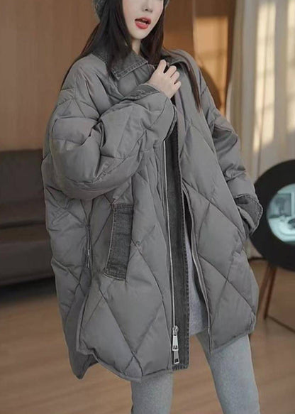 Boutique Grey Peter Pan Collar Pockets Plaid Zippered Puffers Jackets Winter