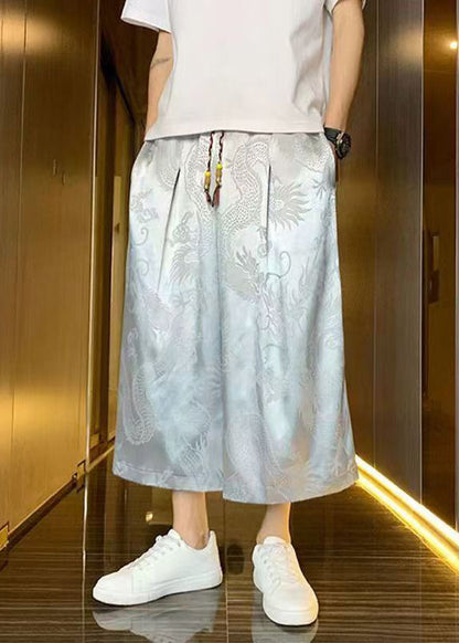 Boutique Grey Pockets Oriental Print Ice Silk Crop Pants Summer