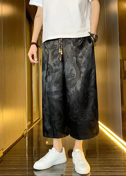 Boutique Grey Pockets Oriental Print Ice Silk Crop Pants Summer