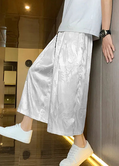 Boutique Grey Pockets Oriental Print Ice Silk Crop Pants Summer