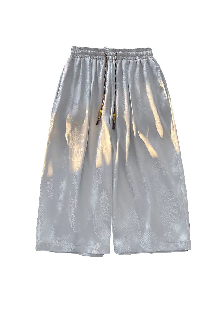 Boutique Grey Pockets Oriental Print Ice Silk Crop Pants Summer