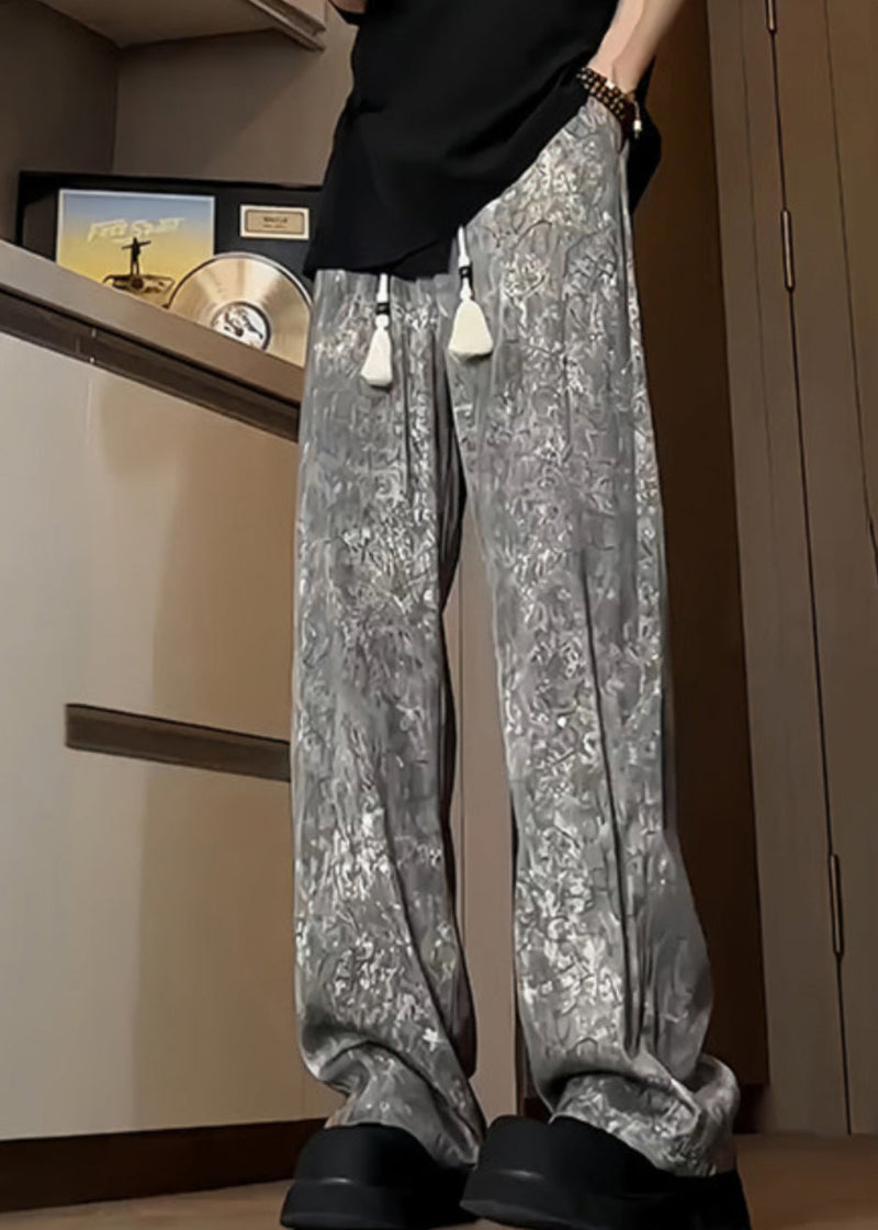Boutique Grey Pockets Print Ice Silk Trousers Summer