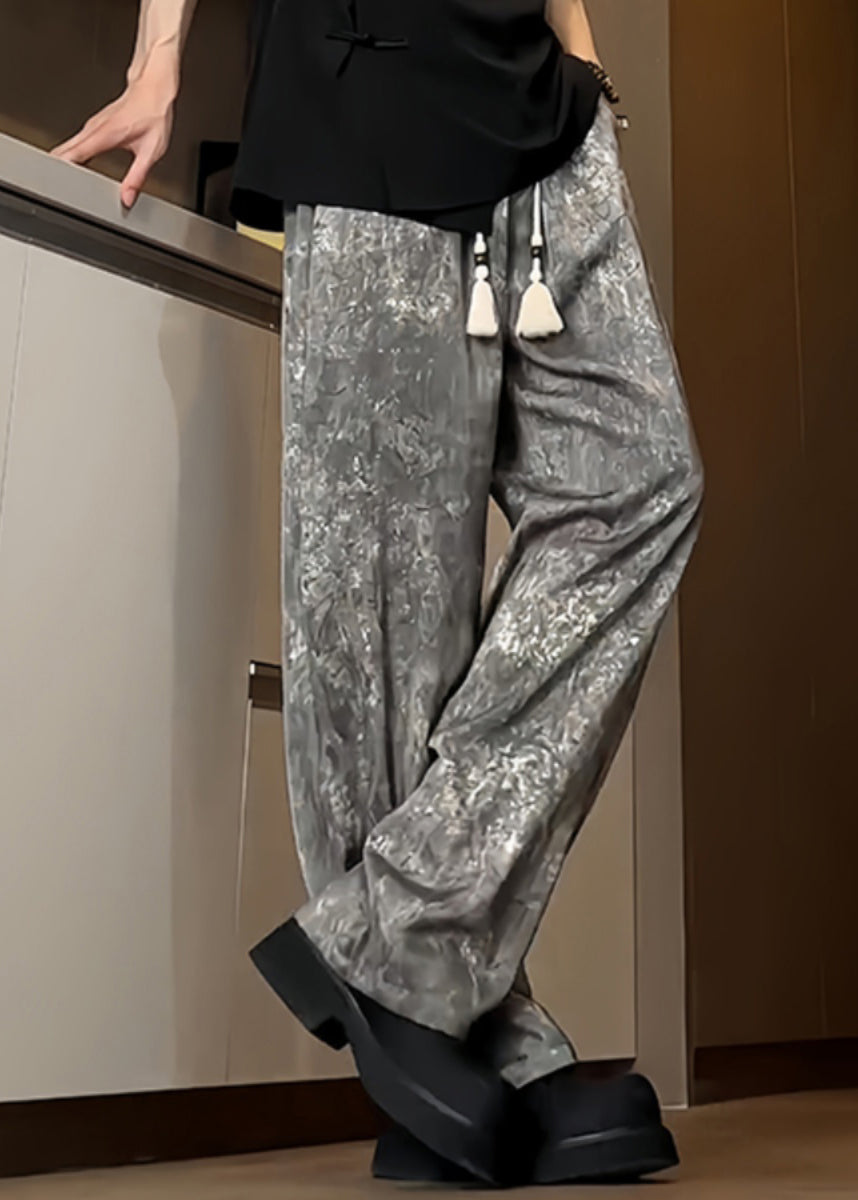 Boutique Grey Pockets Print Ice Silk Trousers Summer