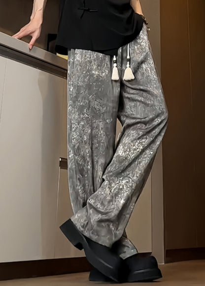 Boutique Grey Pockets Print Ice Silk Trousers Summer