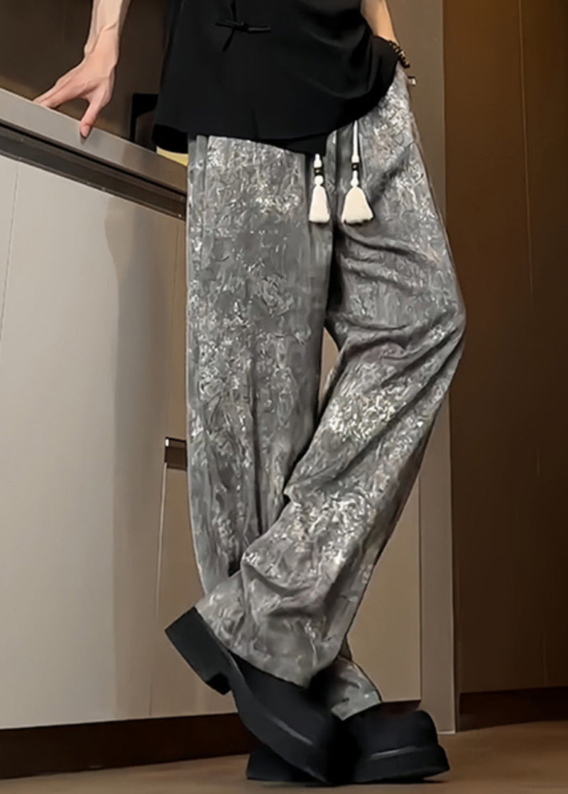 Boutique Grey Pockets Print Ice Silk Trousers Summer
