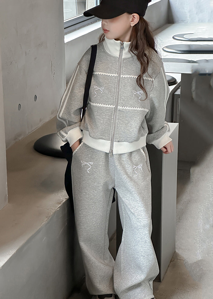 Boutique Grey Stand Collar Patchwork Coats and Wide Leg Pants Two Pieces Sets Spring