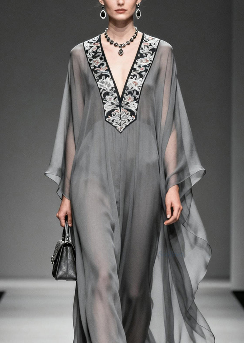 Boutique Grey V Neck Print Patchwork Chiffon Dress Spring
