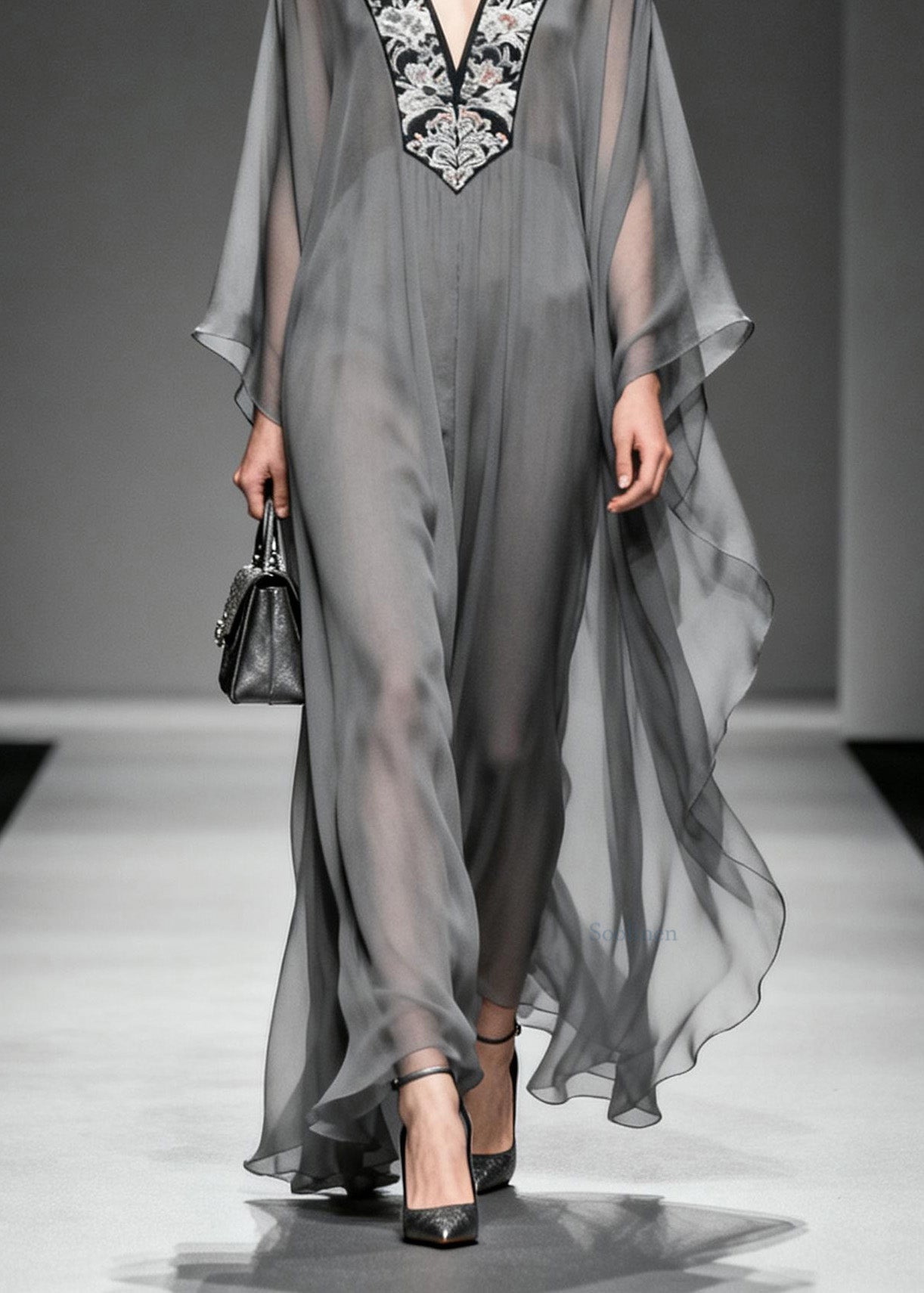 Boutique Grey V Neck Print Patchwork Chiffon Dress Spring