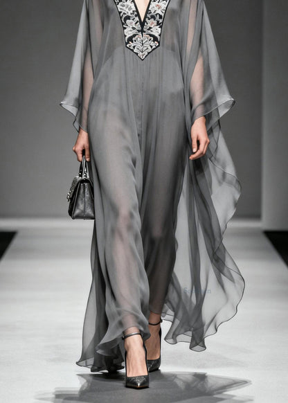 Boutique Grey V Neck Print Patchwork Chiffon Dress Spring