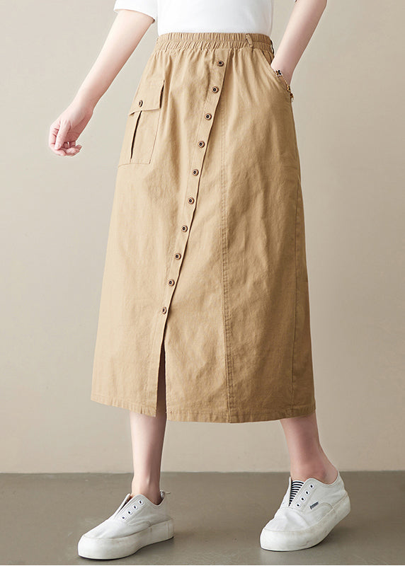 Boutique Khaki Asymmetrical Side Open Elastic Waist Button Linen Skirt Spring