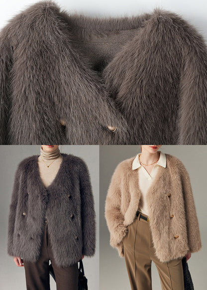Boutique Khaki Double Breast Warm Faux Fox Fur Coats Winter