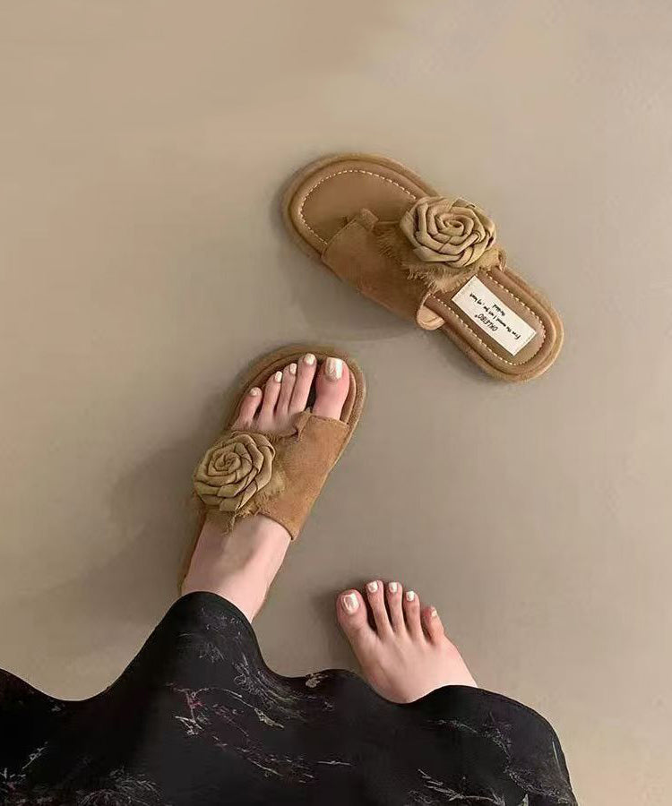 Boutique Khaki Splicing Suede Flip Flops