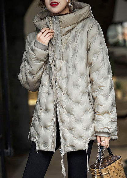 Boutique Khaki Hooded Drawstring Zippered Duck Down Puffer Jacket in Winter