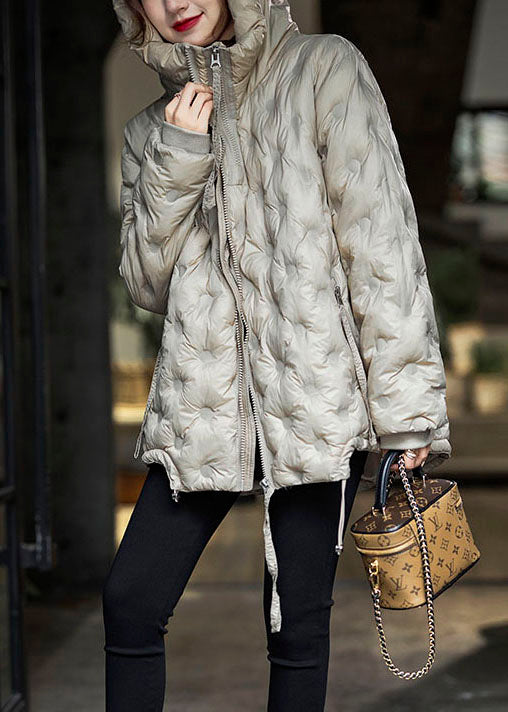 Boutique Khaki Hooded Drawstring Zippered Duck Down Puffer Jacket in Winter