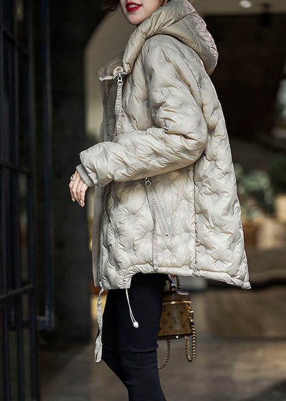 Boutique Khaki Hooded Drawstring Zippered Duck Down Puffer Jacket in Winter