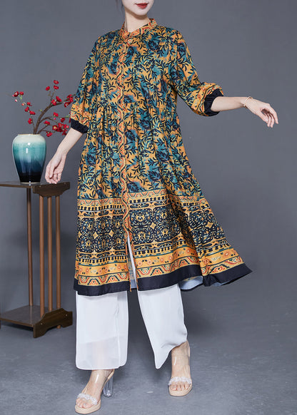 Boutique Khaki Stand Collar Print Silk a Line Dress Summer