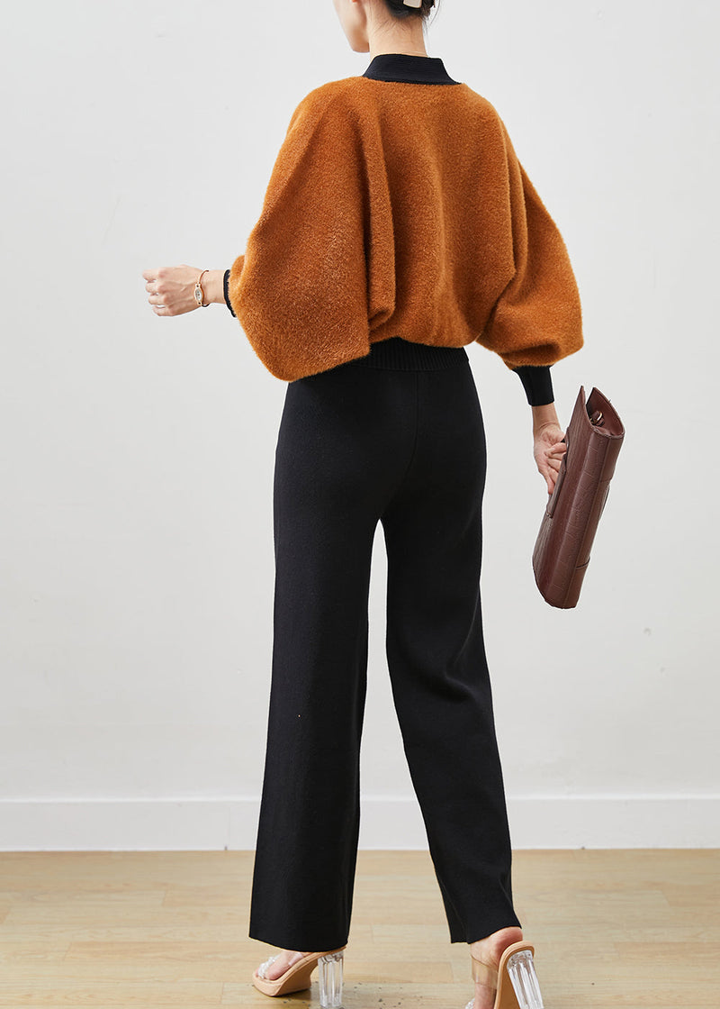 Boutique Khaki Thick Knit Coats and Straight Pants Two Pieces Set Spring