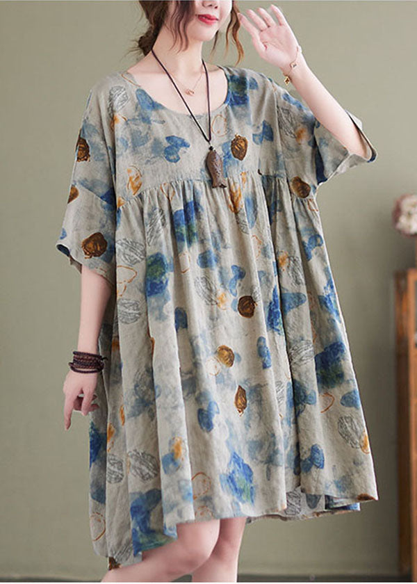 Boutique Lake Blue O-neck Wrinkled Print Linen Maxi Dresses Short Sleeve