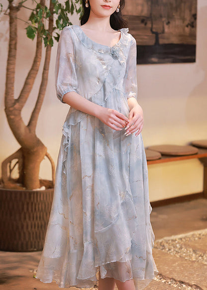 Boutique Light Blue Ruffled Asymmetrical Patchwork Chiffon Dress Summer