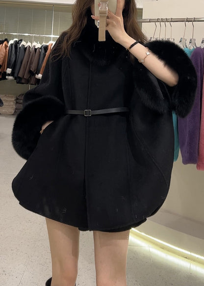 Boutique Light Camel Fur Collar Patchwork Cape Coat Winter