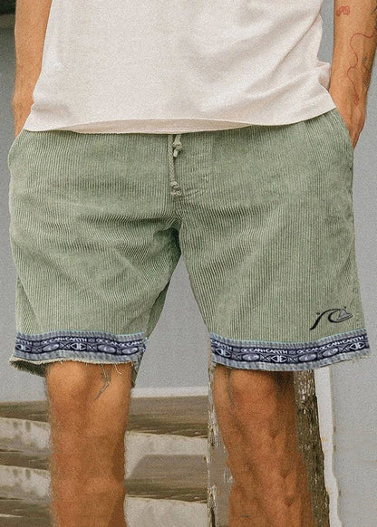 Boutique Light Green Pockets Elastic Waist Patchwork Corduroy Shorts Summer