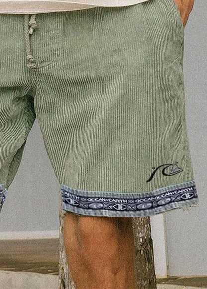 Boutique Light Green Pockets Elastic Waist Patchwork Corduroy Shorts Summer