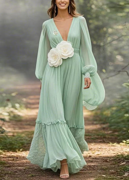Boutique Light Green Ruffled Patchwork Chiffon Maxi Dresses Spring