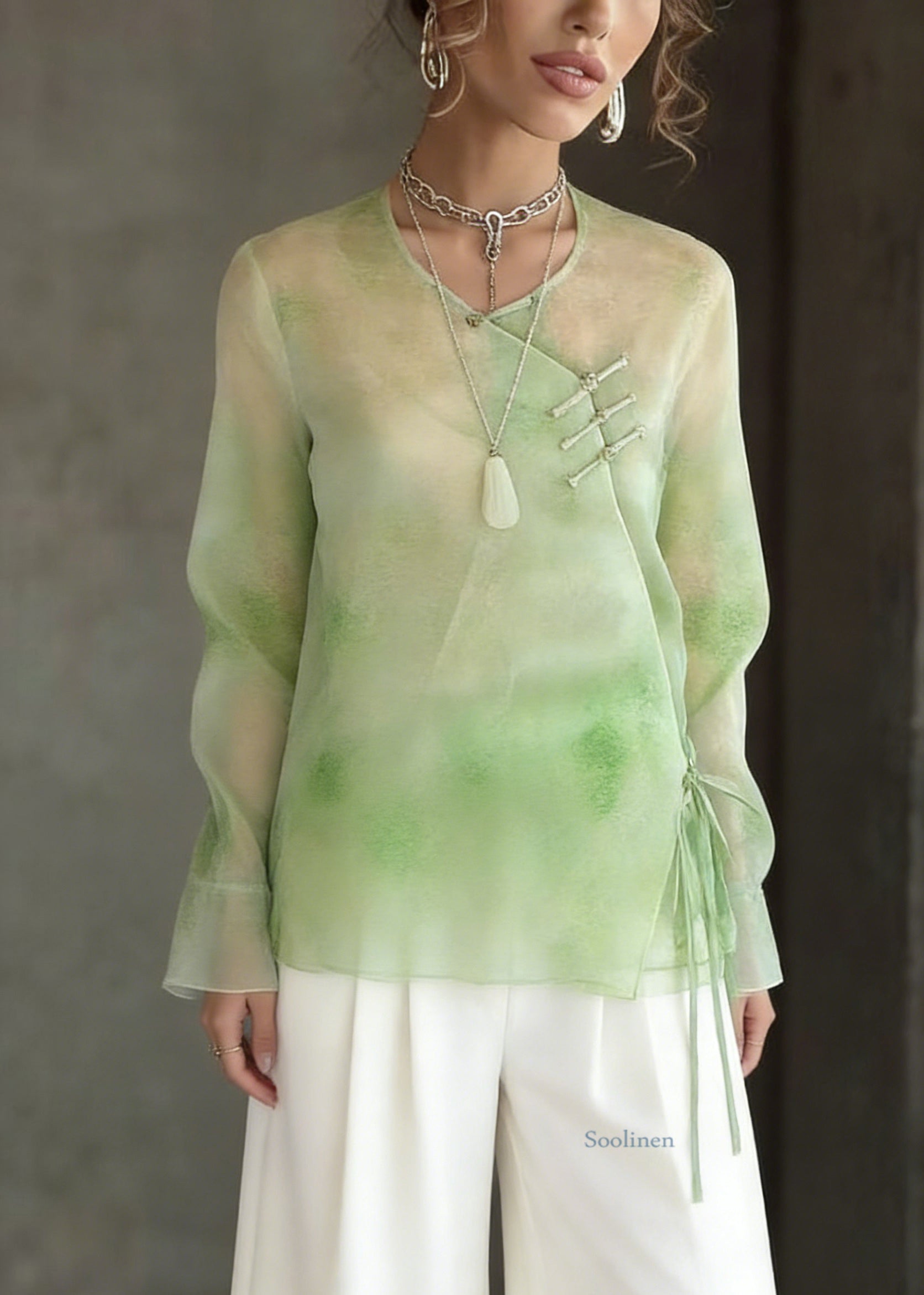 Boutique Light Green Tie Dye Tie Waist Silk Tops Flare Sleeve