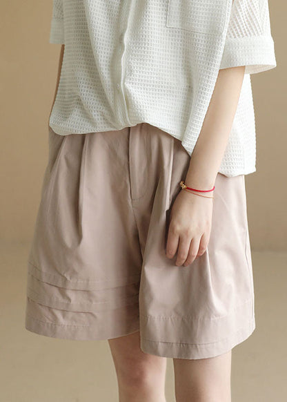 Boutique Light Pink Elastic Waist Wrinkled Pockets Cotton Shorts Summer