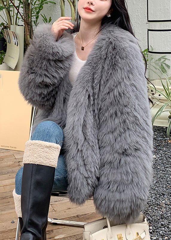 Boutique Mike White V Neck Fox Collar Leather and Fur Coats Spring