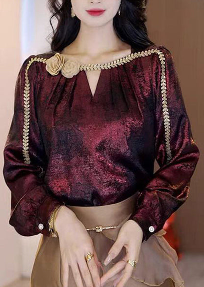 Boutique Mulberry O-Neck Floral Silk Shirt Tops Spring