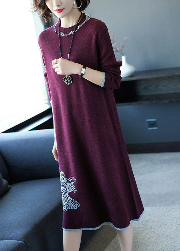Boutique Mulberry O-neck Jacquard Knit Sweater Dress Winter