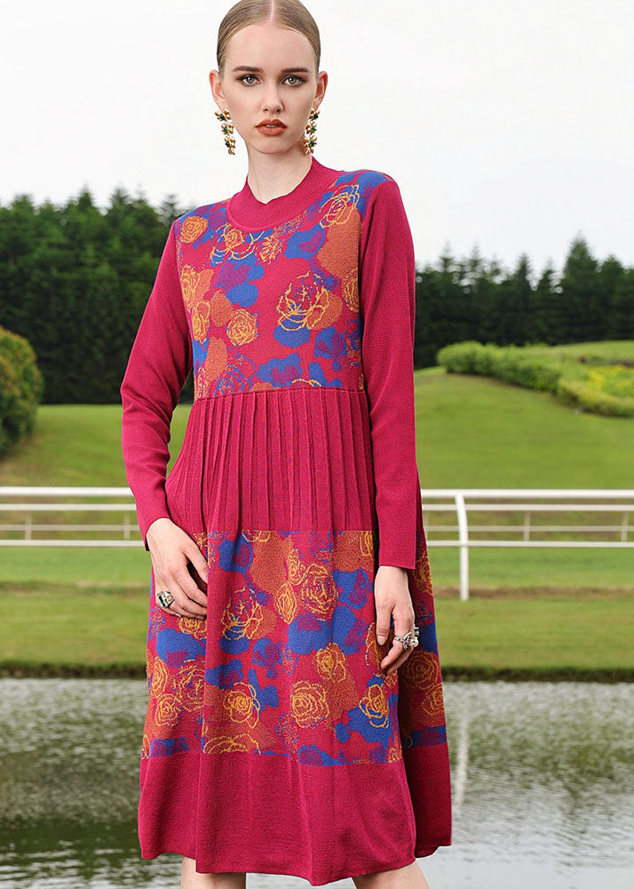 Boutique Mulberry O-neck Print Wrinkled Wool Knit Sweater Long Dress Fall
