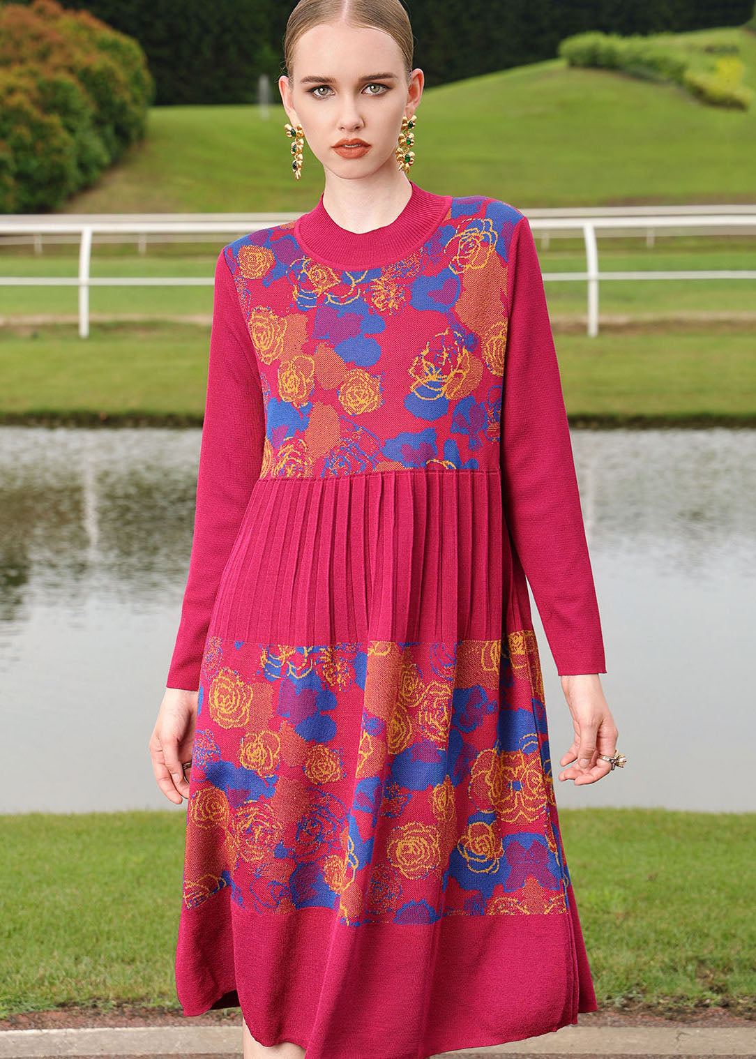 Boutique Mulberry O-neck Print Wrinkled Wool Knit Sweater Long Dress Fall