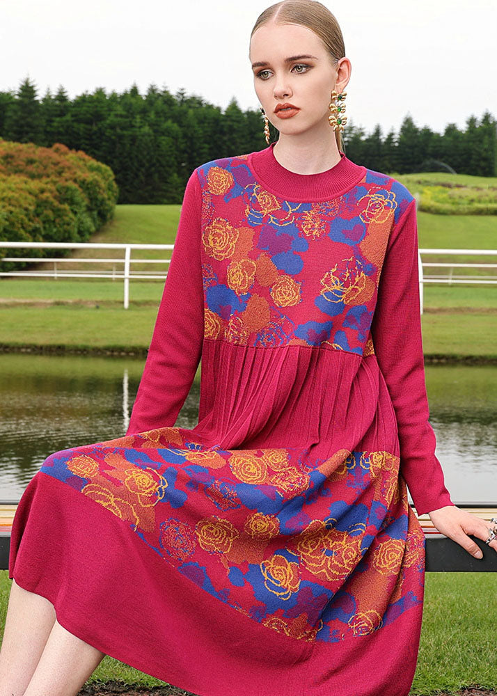 Boutique Mulberry O-neck Print Wrinkled Wool Knit Sweater Long Dress Fall